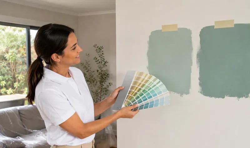 Colour consultant comparing paint swatches against sample patches — Colour Consulting in Beecroft