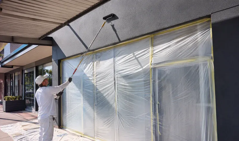 Painter repainting a retail shopfront exterior — Commercial Painting in Cheltenham