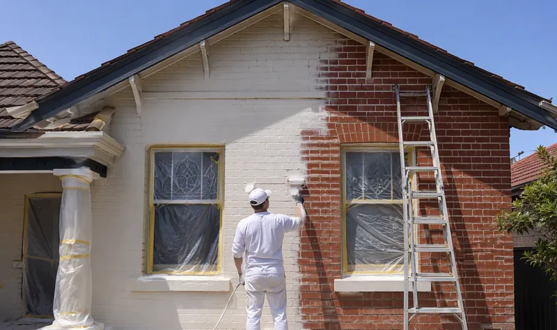 Painter spraying and back-rolling a red brick home exterior — Exterior Painting in Kings Park