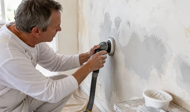 Painter filling and sanding wall repairs before painting — Repairs & Preparation in Beecroft